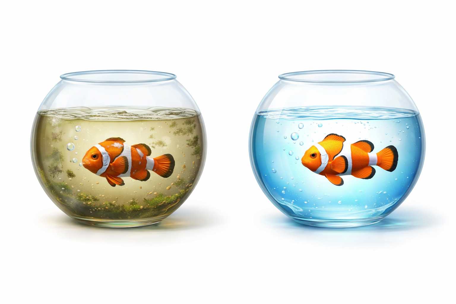 A clean fishbowl next to a dirty fish bowl highlighting the benefits of detoxing